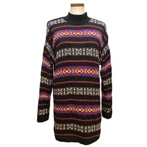 Vtg Liz & Co Oversized Black Multicolor Geometric Patterns Pullover Sweater Sz M